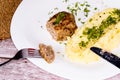 Beef cutlet with mashed potatoes on a white plate. Royalty Free Stock Photo