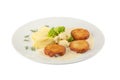 Beef cutlet served with mashed potatoes, broccoli and cauliflower in a white plate Royalty Free Stock Photo