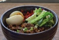 Beef Donburi Japanese rice, topped with yakiniku beef and egg serve in the table Royalty Free Stock Photo