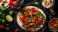 Beef Fajitas with colorful bell peppers in pan and tortilla bread and sauces Royalty Free Stock Photo