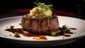 Beef filet mignon with sauce on a white plate. AI Generative