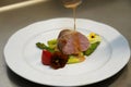 Beef fillet with gravy and vegetables. Fillet of mignon with spring asparagus. Immagine di un filetto di bistecca su un letto di Royalty Free Stock Photo