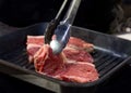 Beef fillet on grill , Beef steaks being prepared on grill , cooking meat steaks on kitchen Royalty Free Stock Photo