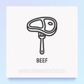 Beef on fork thin line icon. Steak house logo. Modern vector illustration