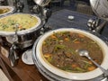 Beef goulash or meat stew inside a chafing dish at the restaurant. Royalty Free Stock Photo