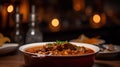 Beef goulash soup served in a bowl on a wooden table