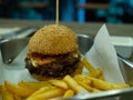 Beef grill bacon cheese with salad hamberger and French fries