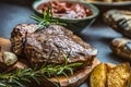 Beef grilled steaks with barbecue sauce roasted potatoes and rosemary Royalty Free Stock Photo