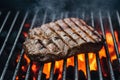 Beef grilling over charcoal barbecue, sizzling and savory