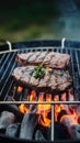 Beef grilling over charcoal barbecue, sizzling and savory