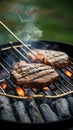 Beef grilling over charcoal barbecue, sizzling and savory