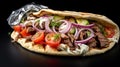 Beef gyro, thinly sliced, nestled in warm pita bread, with fresh veggies and creamy tzatziki