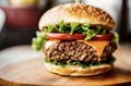 The beef hamburger, expertly barbecued on the grill, is now resting on a rustic wooden board, ready to be savored. Royalty Free Stock Photo