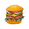 Beef hamburger. Fast food hand drawn watercolor