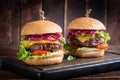 Hamburger. Sandwich with beef burger, tomatoes, cheese, pickled cucumber and lettuce. Cheeseburger Royalty Free Stock Photo