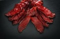 beef jerky, bresaola, basturma on black background