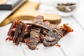 Beef jerky pieces. Dried beef meat Royalty Free Stock Photo
