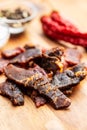 Beef jerky pieces. Dried beef meat Royalty Free Stock Photo