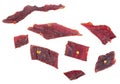 Beef jerky pieces isolated on white background, top view. Portion of dried beef meet Royalty Free Stock Photo