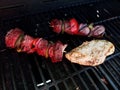 Beef kebob with onions and peppers on a stick on a grill with chicken