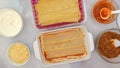 Beef lasagna step by step recipe. Assemble the lasagna. Layer of lasagna noodles, and ingredients close up