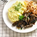 Beef liver with mashed potatoes and onion Royalty Free Stock Photo