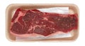 Top view of a raw beef loin boneless end cut strip steak on a foam tray Royalty Free Stock Photo