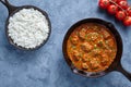 Beef Madras curry slow cook Indian spicy chili butter lamb food with rice Royalty Free Stock Photo