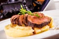 Beef with mashed potatoes on white plate Royalty Free Stock Photo