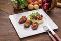 Beef Meat Balls or Rissole with mashed potato on wooden table Royalty Free Stock Photo