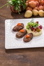 Beef Meat Balls or Rissole with mashed potato on wooden table Royalty Free Stock Photo