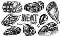 Beef meat, pork steak, chicken leg, meatloaf, bacon and ribs. Barbecue food in vintage style. Templates for restaurant