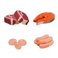 Beef meat steak, raw loin cuts. Red meat slices. Chicken sausages, poultry. Fresh salmon steak. Red fish fillet. Eggs. Breakfast Royalty Free Stock Photo