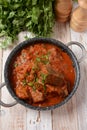 Beef meat stew. Overhead view braised beef meat stew in tomato sauce Royalty Free Stock Photo