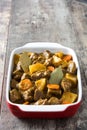 Beef meat stewed with potatoes, carrots and spices in ceramic pot Royalty Free Stock Photo