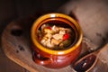 Beef meat stewed with vegetables in ceramic pot Royalty Free Stock Photo