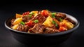 Beef meat and vegetables stew in black bowl with roasted baby potatoes. Dark background. Copy space. Top view