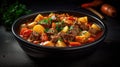 Beef meat and vegetables stew in black bowl with roasted baby potatoes. Dark background. Copy space. Top view