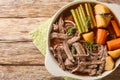 Beef meat and vegetables stew Homemade Slow Cooker Pot Roast with Carrots, celery and Potatoes close up in the bowl. Horizontal Royalty Free Stock Photo