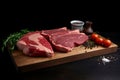 Beef meat on a wood board close-up. Raw red meat on dark wooden table. Pork steak with tomatoes and spices, rustic style. Image is Royalty Free Stock Photo