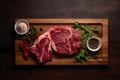 Beef meat on a wood board close-up. Raw red meat on dark wooden table. Pork steak with green sprig and spices, rustic style. Image Royalty Free Stock Photo