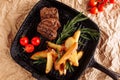 Beef Medallion Fried with Potato Top Flat Lay Royalty Free Stock Photo