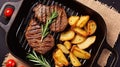 Beef Medallion Grilled Country Potato Flat Lay on Rustic Black Pan Serving for Delicious Recipe. Generative AI Royalty Free Stock Photo