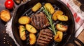 Beef Medallion Grilled Country Potato Flat Lay on Rustic Black Pan Serving for Delicious Recipe. Generative AI Royalty Free Stock Photo