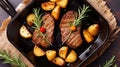 Beef Medallion Grilled Country Potato Flat Lay on Rustic Black Pan Serving for Delicious Recipe. Pork Fillet Fried on Skillet for Royalty Free Stock Photo