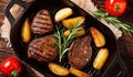 Beef Medallion Grilled Country Potato Flat Lay on Rustic Black Pan Serving for Delicious Recipe. Pork Fillet Fried on Skillet for Royalty Free Stock Photo