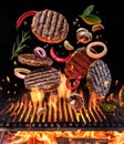 Beef milled meat on hamburger with vegetables and spices fly over the flaming grill barbecue fire Royalty Free Stock Photo