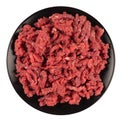 Beef mince in black plate isolated on white background.