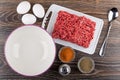 Beef mince, red and black pepper, chicken eggs, salt, spoon Royalty Free Stock Photo