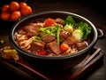 Beef noodle soup. Taiwanese famous food with sliced red braised beef and vegetables in a bowl on wooden table background. AI